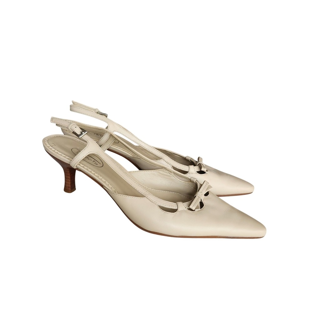 Talbots Slingback Kitten Heels Size 9 Cream Leather Bow Accent Pointed Toe